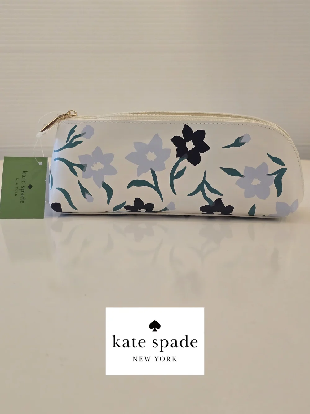 NWT kate spade Blue Floral Zip Pencil Pouch with ruler, eraser & sharpener